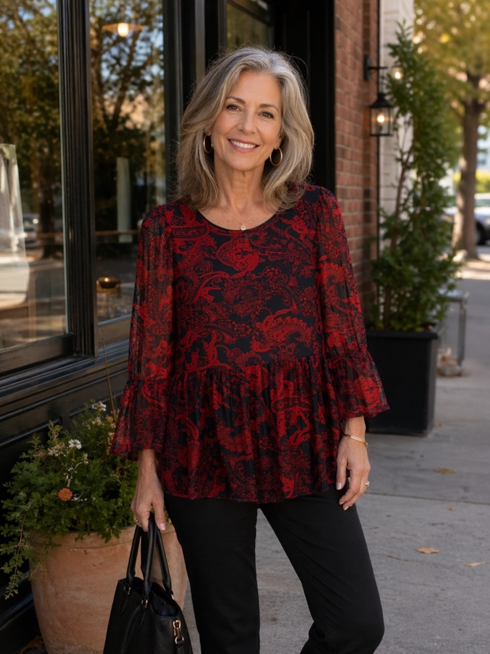 Cato Top Red Black Floral Paisley Print Bell Sleeve Mesh